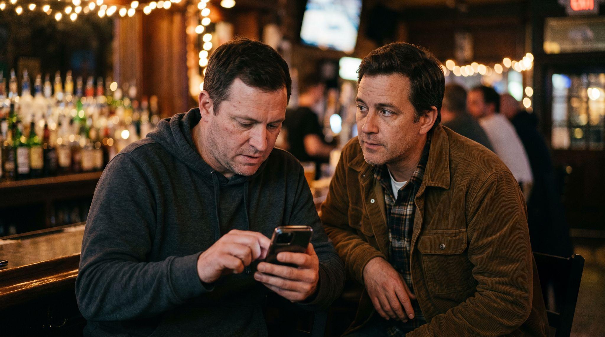 Two men at a bar; one watches over the other's shoulder as he types his phone passcode.