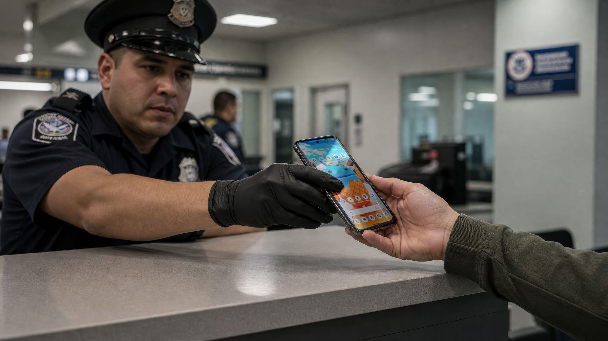 A border-control officer at a booth reaching across the counter to take a traveler's unlocked phone.