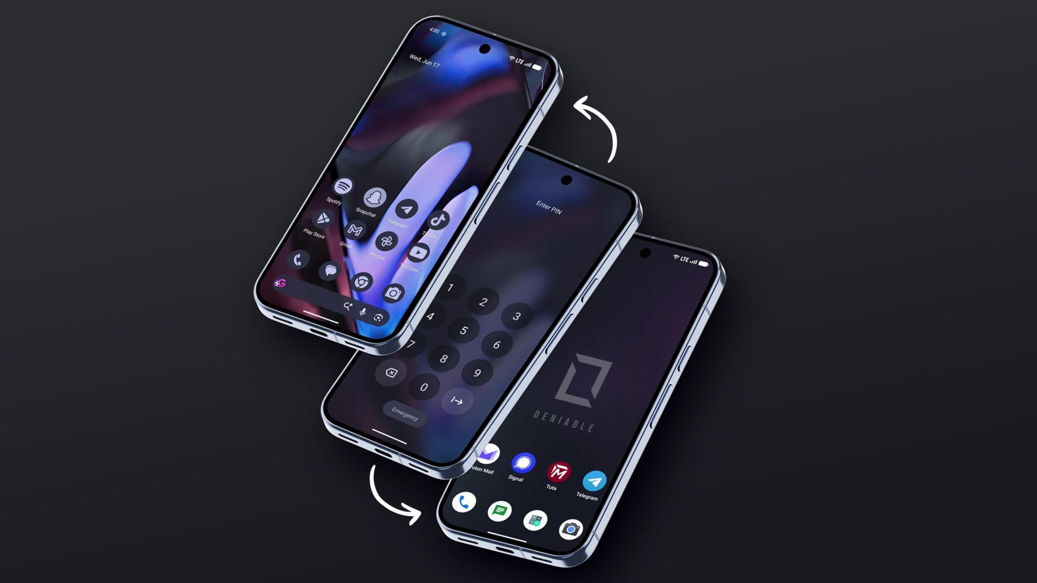 DeniableOS: an everyday public home screen, the PIN entry screen, and the hidden environment with private apps.