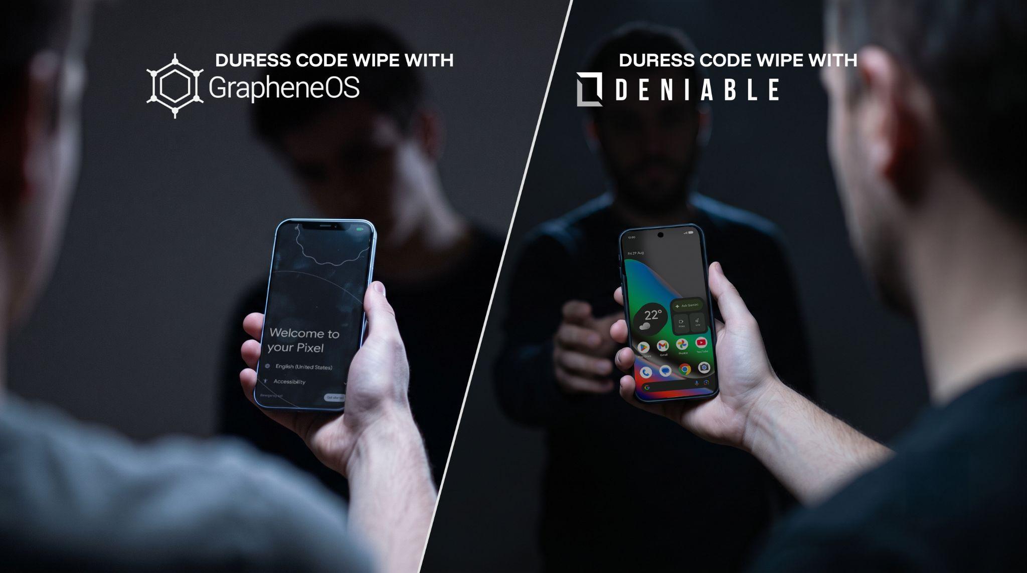 A GrapheneOS phone wiped to a factory-fresh setup screen beside a DeniableOS phone opening to a normal home screen.